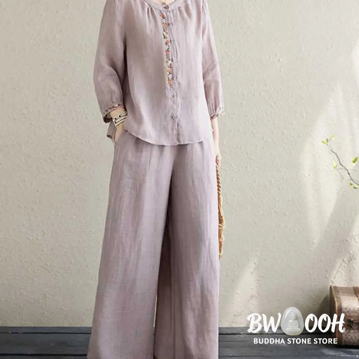BWOOOH 2Pcs Cotton Embroidery Flowers Shirt Top Pants Meditation Zen Tai Chi Clothing Women’s Set - Women’s Meditation