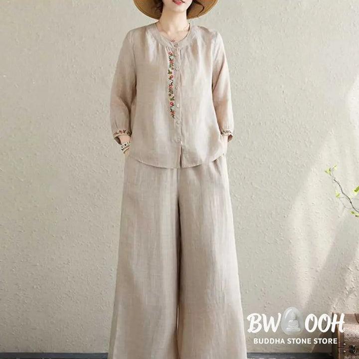 BWOOOH 2Pcs Cotton Embroidery Flowers Shirt Top Pants Meditation Zen Tai Chi Clothing Women’s Set - Women’s Meditation