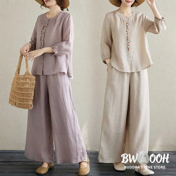 BWOOOH 2Pcs Cotton Embroidery Flowers Shirt Top Pants Meditation Zen Tai Chi Clothing Women’s Set - Women’s Meditation