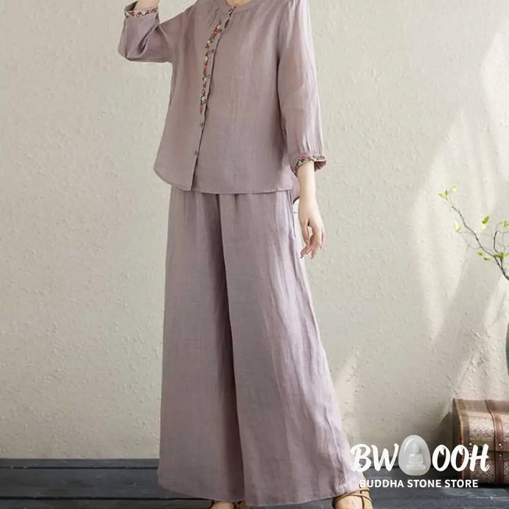 BWOOOH 2Pcs Cotton Embroidery Flowers Shirt Top Pants Meditation Zen Tai Chi Clothing Women’s Set - Women’s Meditation