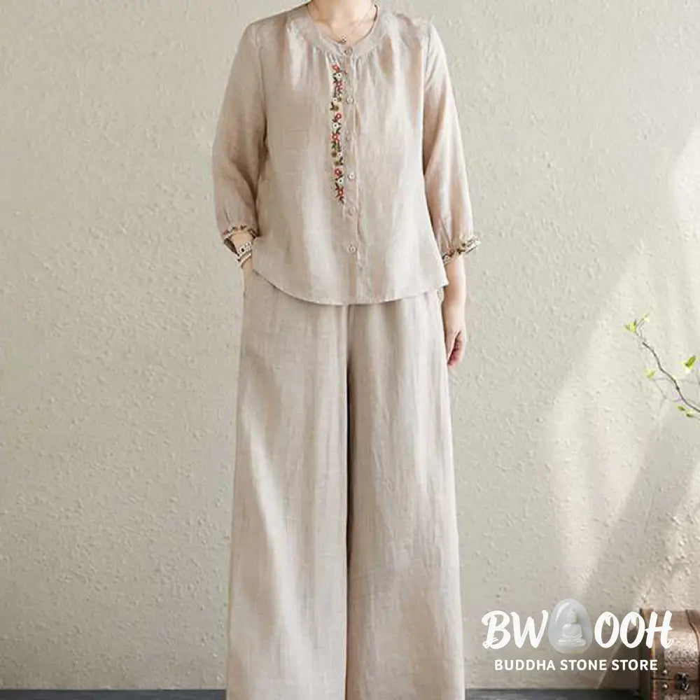 BWOOOH 2Pcs Cotton Embroidery Flowers Shirt Top Pants Meditation Zen Tai Chi Clothing Women’s Set - Women’s Meditation