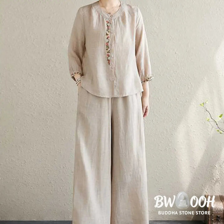 BWOOOH 2Pcs Cotton Embroidery Flowers Shirt Top Pants Meditation Zen Tai Chi Clothing Women’s Set - Women’s Meditation