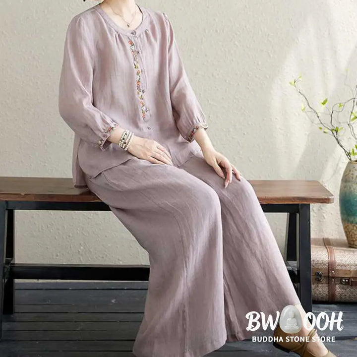 BWOOOH 2Pcs Cotton Embroidery Flowers Shirt Top Pants Meditation Zen Tai Chi Clothing Women’s Set - Women’s Meditation