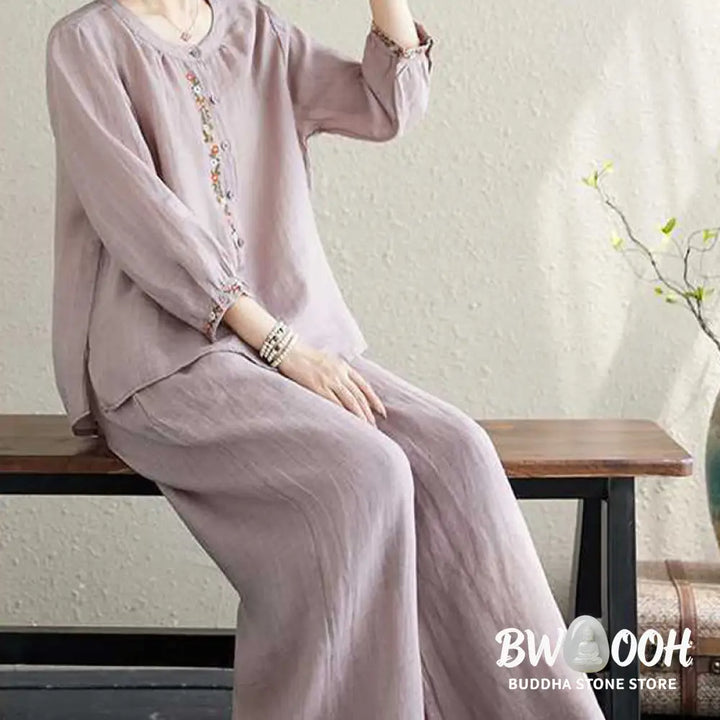 BWOOOH 2Pcs Cotton Embroidery Flowers Shirt Top Pants Meditation Zen Tai Chi Clothing Women’s Set - Women’s Meditation