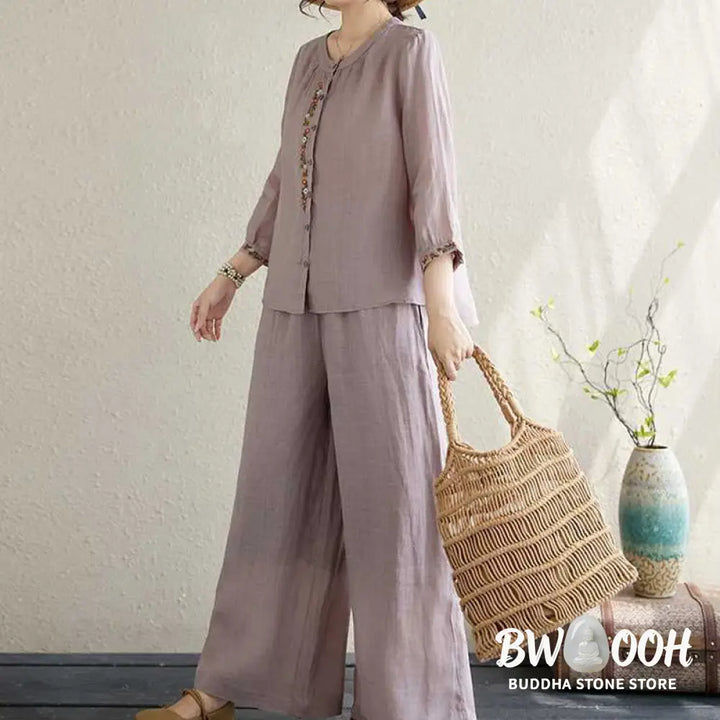 BWOOOH 2Pcs Cotton Embroidery Flowers Shirt Top Pants Meditation Zen Tai Chi Clothing Women’s Set - Women’s Meditation