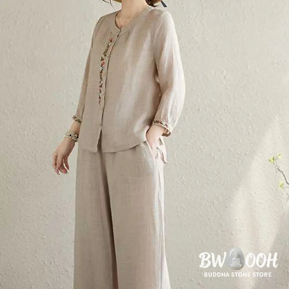 BWOOOH 2Pcs Cotton Embroidery Flowers Shirt Top Pants Meditation Zen Tai Chi Clothing Women’s Set - Women’s Meditation