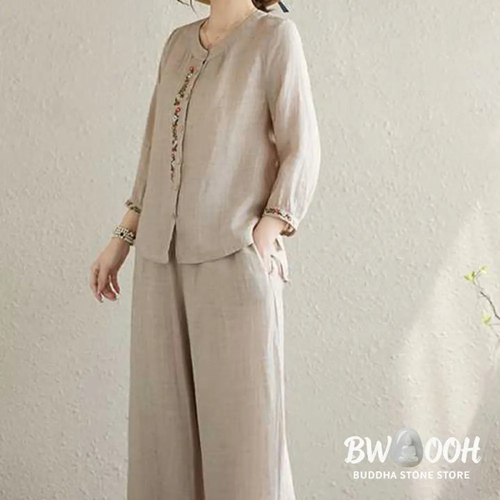 BWOOOH 2Pcs Cotton Embroidery Flowers Shirt Top Pants Meditation Zen Tai Chi Clothing Women’s Set - Women’s Meditation