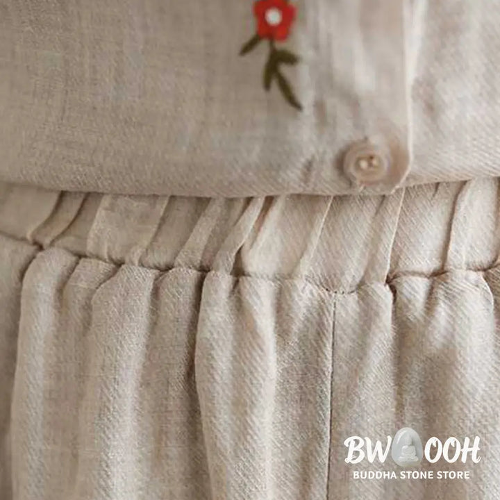 BWOOOH 2Pcs Cotton Embroidery Flowers Shirt Top Pants Meditation Zen Tai Chi Clothing Women’s Set - Women’s Meditation