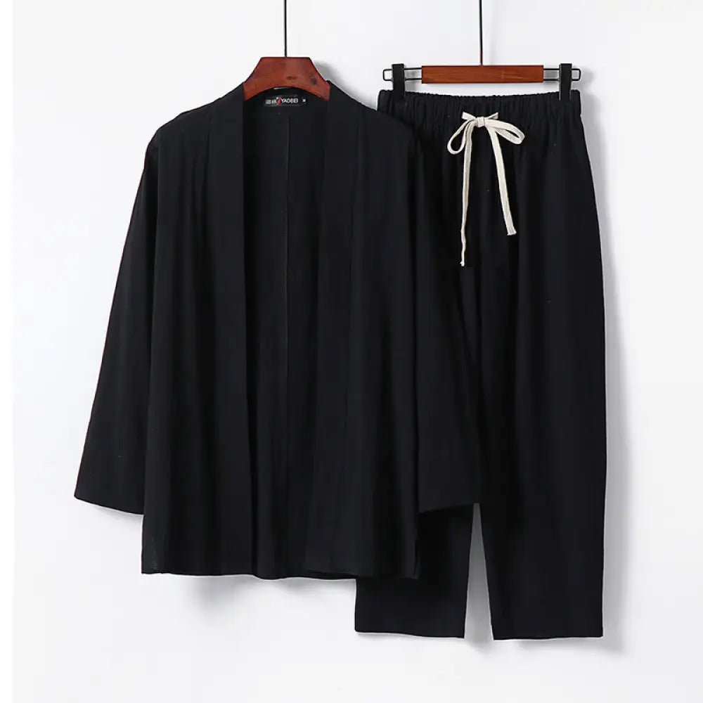 BWOOOH 2Pcs Cotton Kimono Ankle-Length Pants Men’s Meditation Cloth Set - Black / US/UK/AU36，EU46 (L) - Men’s