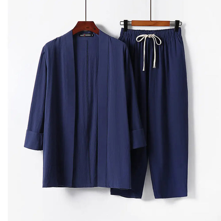 BWOOOH 2Pcs Cotton Kimono Ankle-Length Pants Men’s Meditation Cloth Set - SteelBlue / US/UK/AU36，EU46 (L) - Men’s
