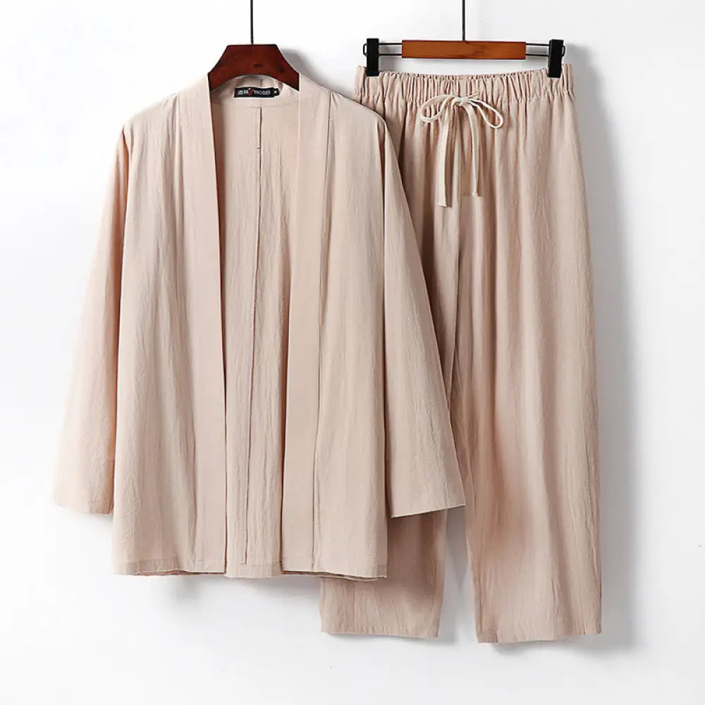 BWOOOH 2Pcs Cotton Kimono Ankle-Length Pants Men’s Meditation Cloth Set - Wheat / US/UK/AU36，EU46 (L) - Men’s