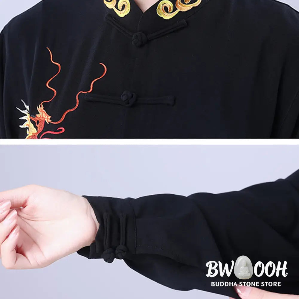 BWOOOH 2Pcs Fall Embroidery Dragon Frog-Button Tai Chi Meditation Qigong Zen Practice Unisex Cotton Clothing Set