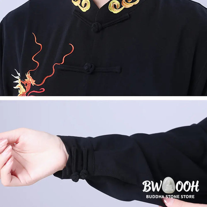 BWOOOH 2Pcs Fall Embroidery Dragon Frog-Button Tai Chi Meditation Qigong Zen Practice Unisex Cotton Clothing Set
