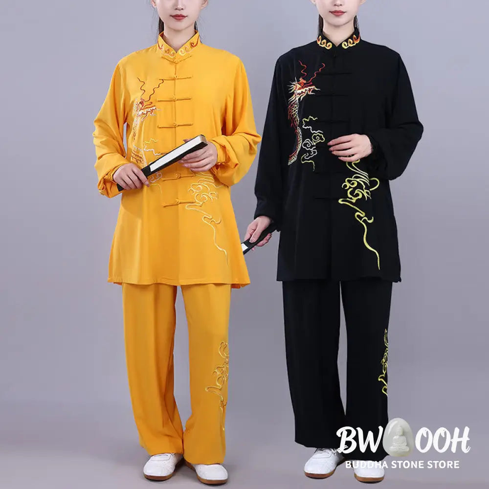 BWOOOH 2Pcs Fall Embroidery Dragon Frog-Button Tai Chi Meditation Qigong Zen Practice Unisex Cotton Clothing Set