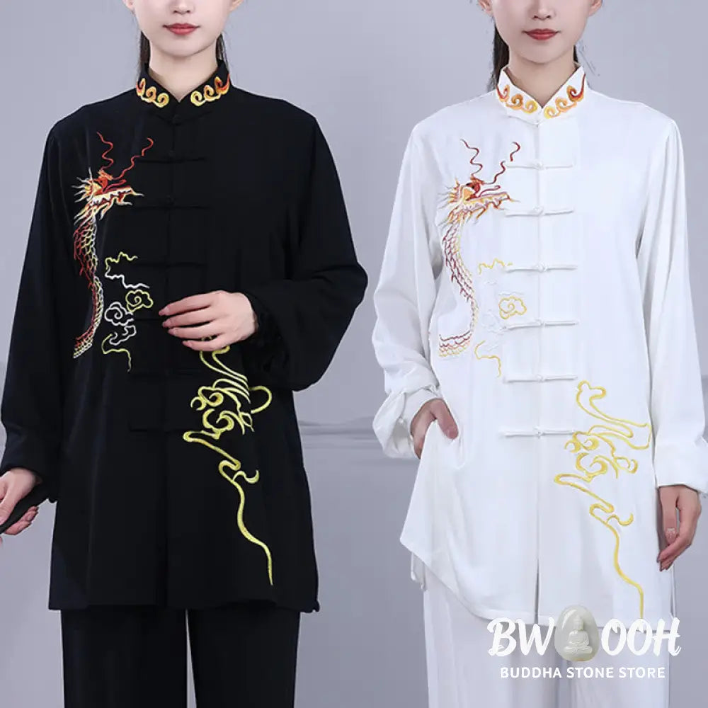 BWOOOH 2Pcs Fall Embroidery Dragon Frog-Button Tai Chi Meditation Qigong Zen Practice Unisex Cotton Clothing Set