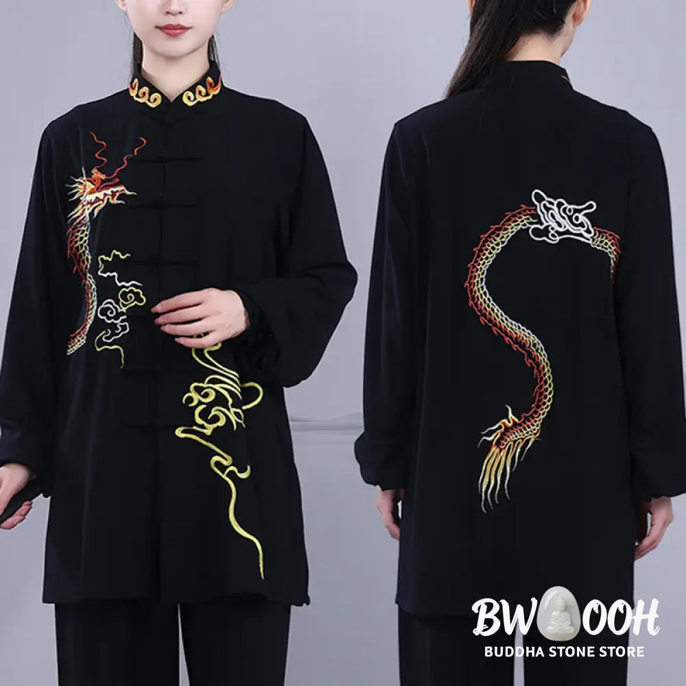 BWOOOH 2Pcs Fall Embroidery Dragon Frog-Button Tai Chi Meditation Qigong Zen Practice Unisex Cotton Clothing Set