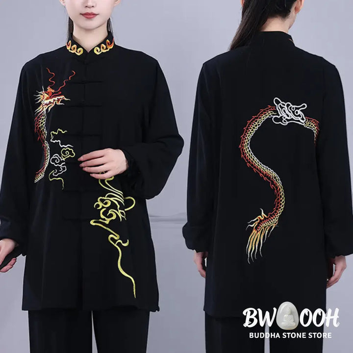 BWOOOH 2Pcs Fall Embroidery Dragon Frog-Button Tai Chi Meditation Qigong Zen Practice Unisex Cotton Clothing Set