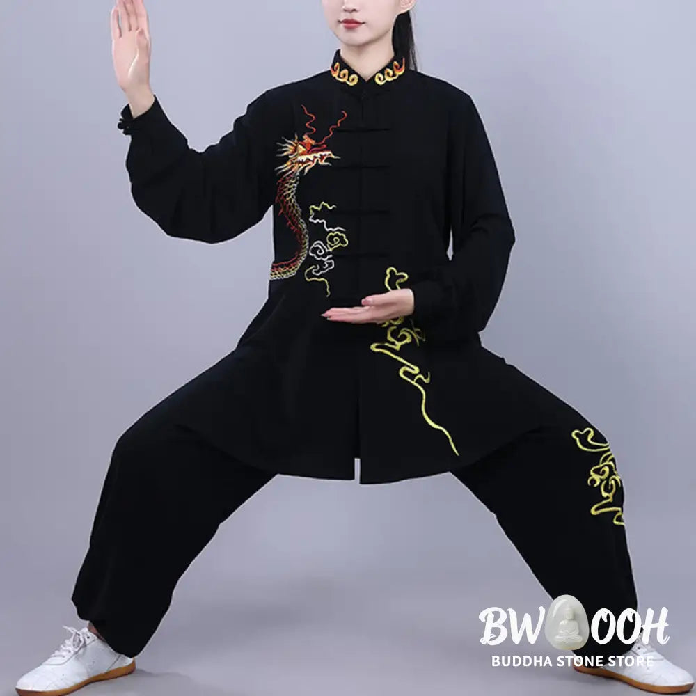BWOOOH 2Pcs Fall Embroidery Dragon Frog-Button Tai Chi Meditation Qigong Zen Practice Unisex Cotton Clothing Set