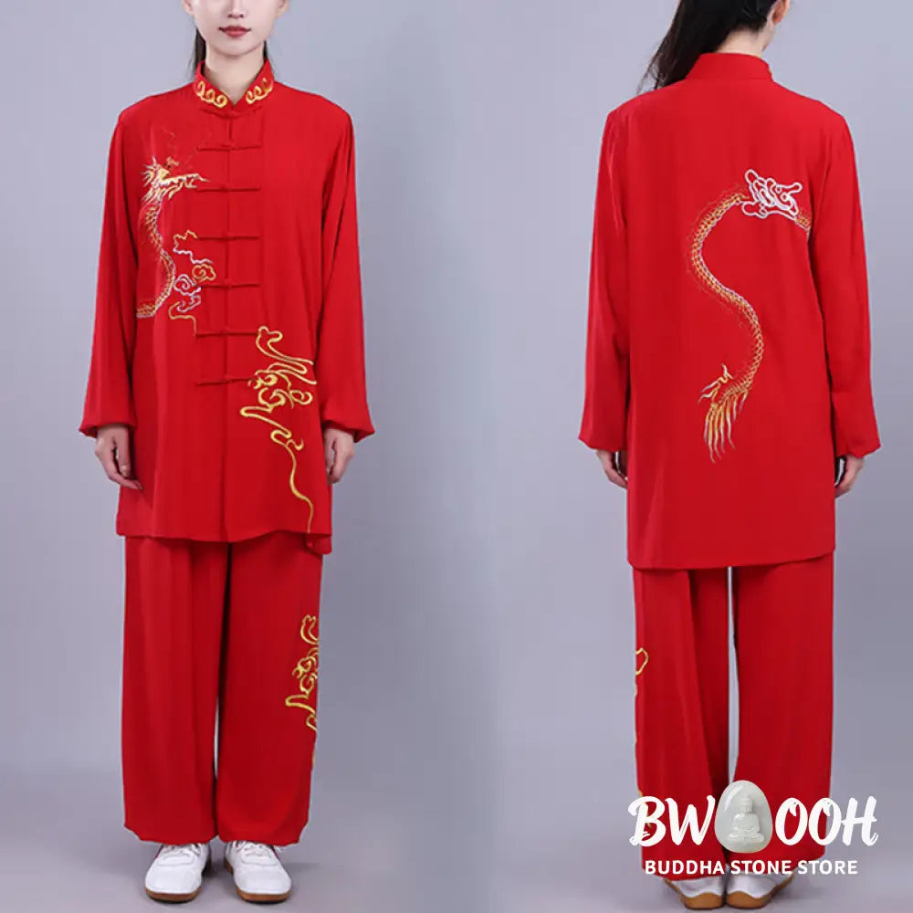 BWOOOH 2Pcs Fall Embroidery Dragon Frog-Button Tai Chi Meditation Qigong Zen Practice Unisex Cotton Clothing Set