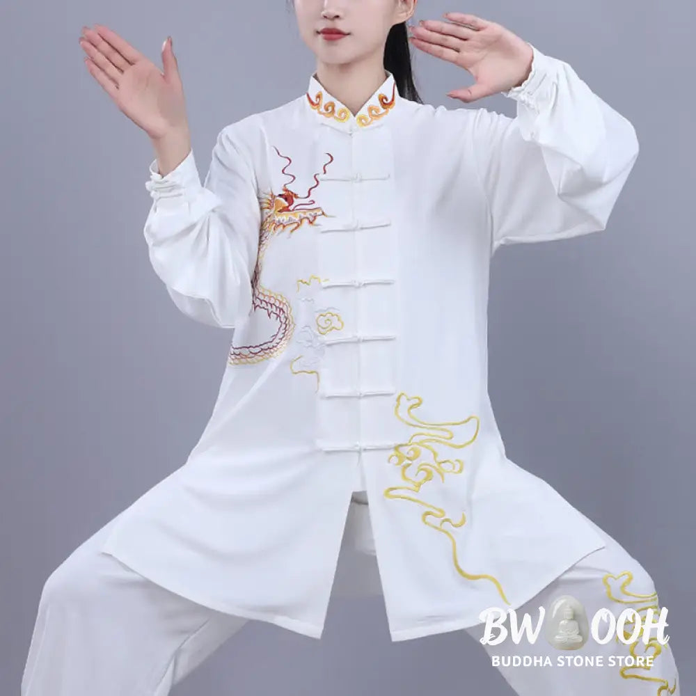 BWOOOH 2Pcs Fall Embroidery Dragon Frog-Button Tai Chi Meditation Qigong Zen Practice Unisex Cotton Clothing Set