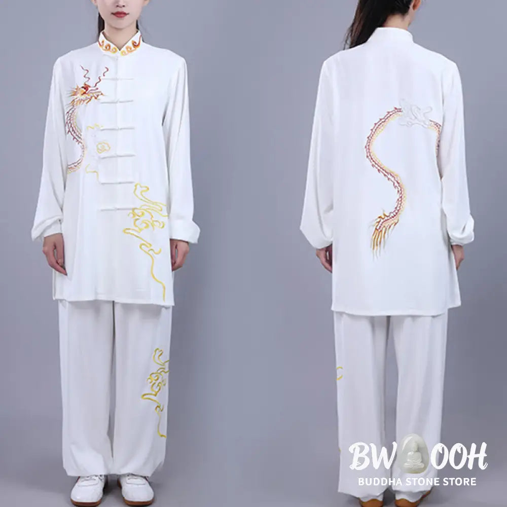 BWOOOH 2Pcs Fall Embroidery Dragon Frog-Button Tai Chi Meditation Qigong Zen Practice Unisex Cotton Clothing Set