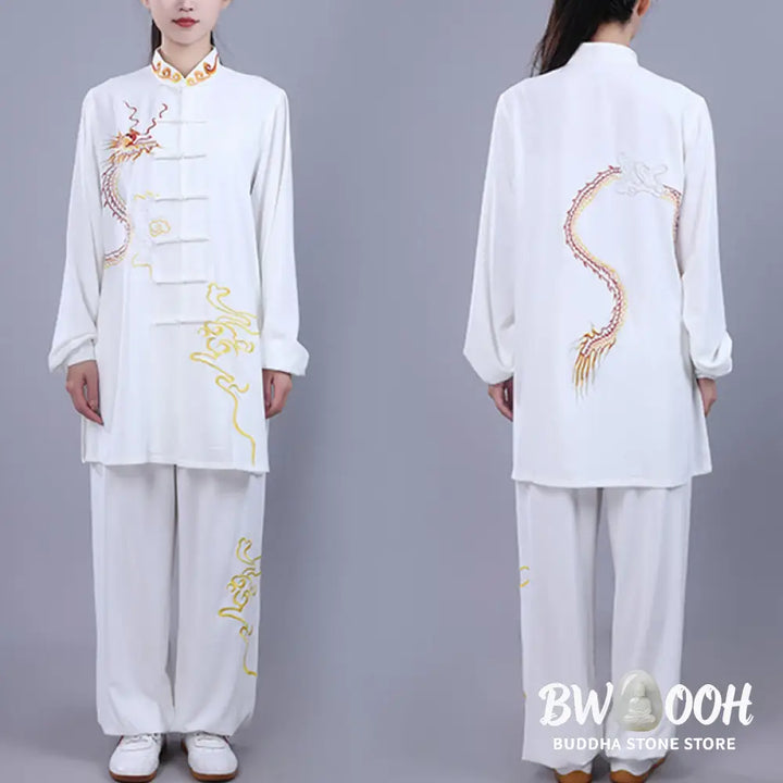 BWOOOH 2Pcs Fall Embroidery Dragon Frog-Button Tai Chi Meditation Qigong Zen Practice Unisex Cotton Clothing Set