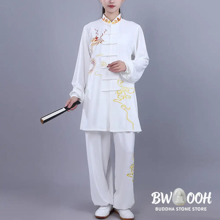 BWOOOH 2Pcs Fall Embroidery Dragon Frog-Button Tai Chi Meditation Qigong Zen Practice Unisex Cotton Clothing Set