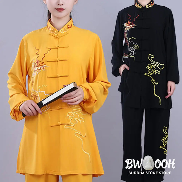 BWOOOH 2Pcs Fall Embroidery Dragon Frog-Button Tai Chi Meditation Qigong Zen Practice Unisex Cotton Clothing Set