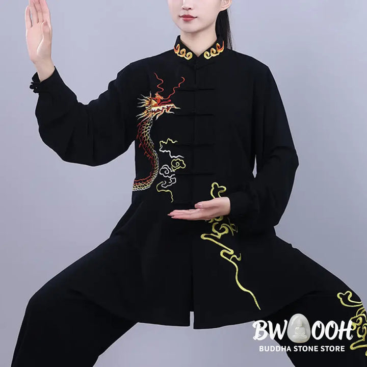 BWOOOH 2Pcs Fall Embroidery Dragon Frog-Button Tai Chi Meditation Qigong Zen Practice Unisex Cotton Clothing Set