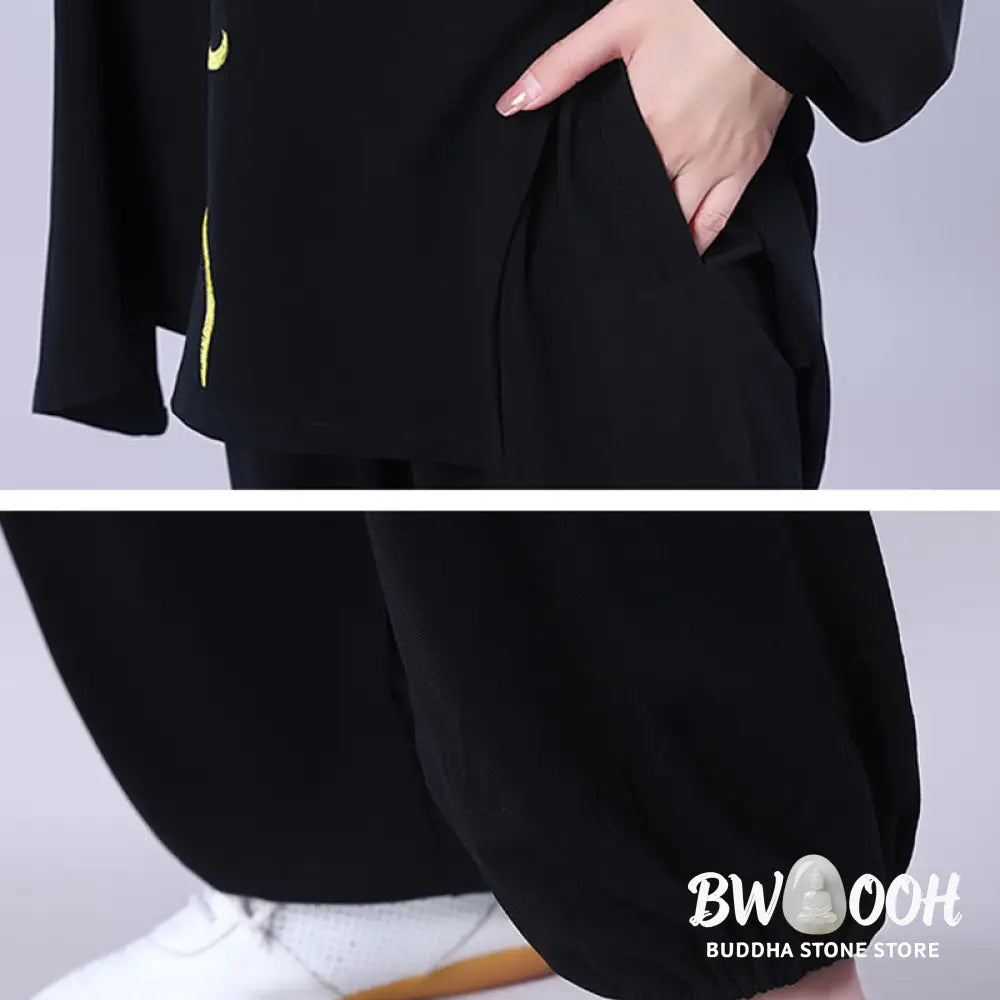 BWOOOH 2Pcs Fall Embroidery Dragon Frog-Button Tai Chi Meditation Qigong Zen Practice Unisex Cotton Clothing Set