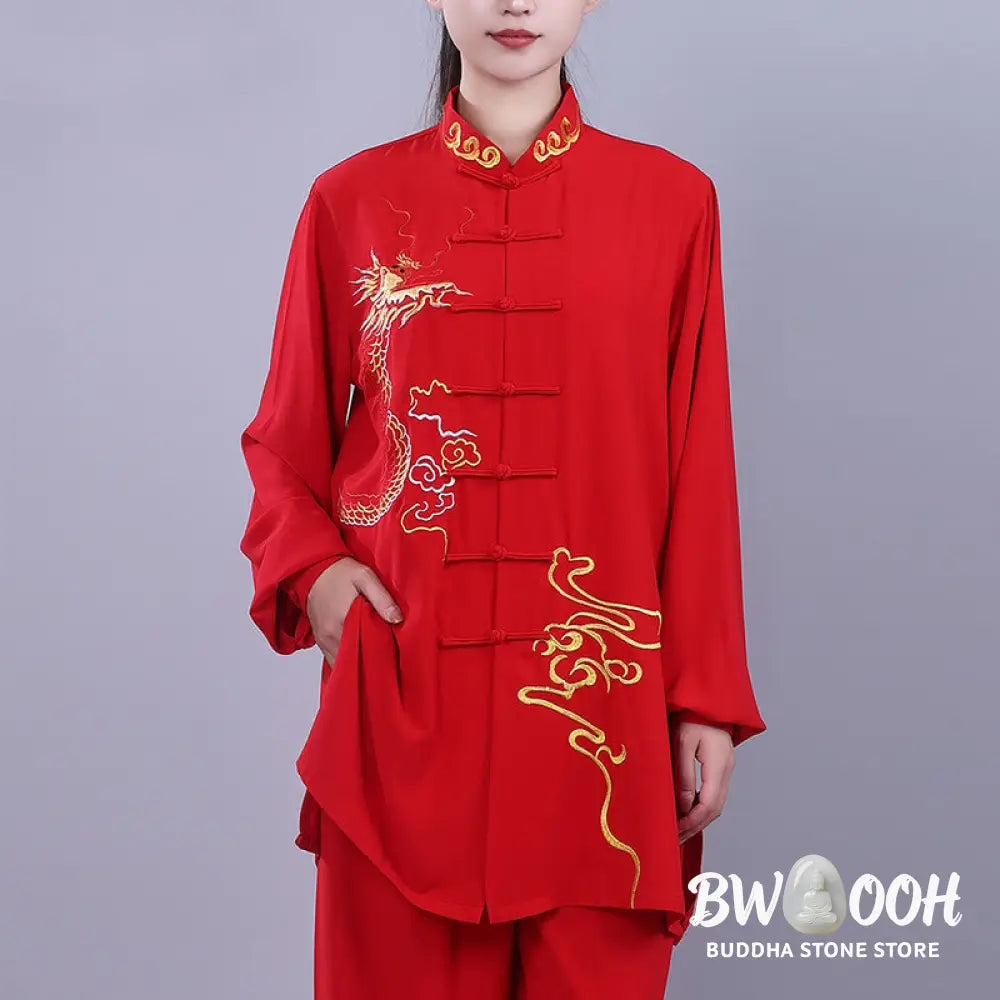 BWOOOH 2Pcs Fall Embroidery Dragon Frog-Button Tai Chi Meditation Qigong Zen Practice Unisex Cotton Clothing Set