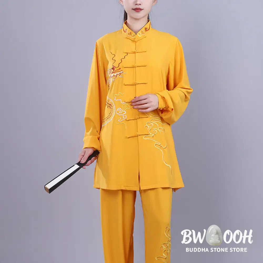 BWOOOH 2Pcs Fall Embroidery Dragon Frog-Button Tai Chi Meditation Qigong Zen Practice Unisex Cotton Clothing Set