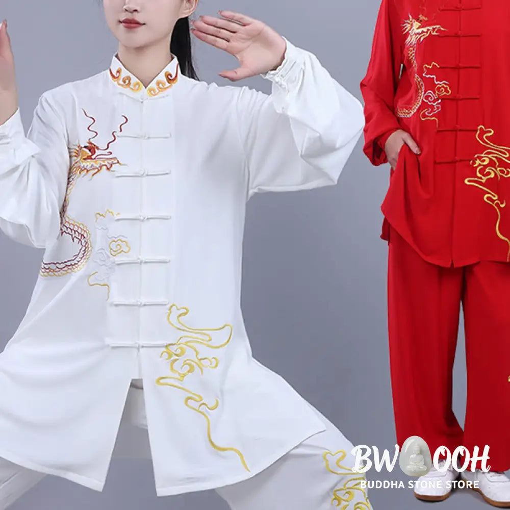 BWOOOH 2Pcs Fall Embroidery Dragon Frog-Button Tai Chi Meditation Qigong Zen Practice Unisex Cotton Clothing Set