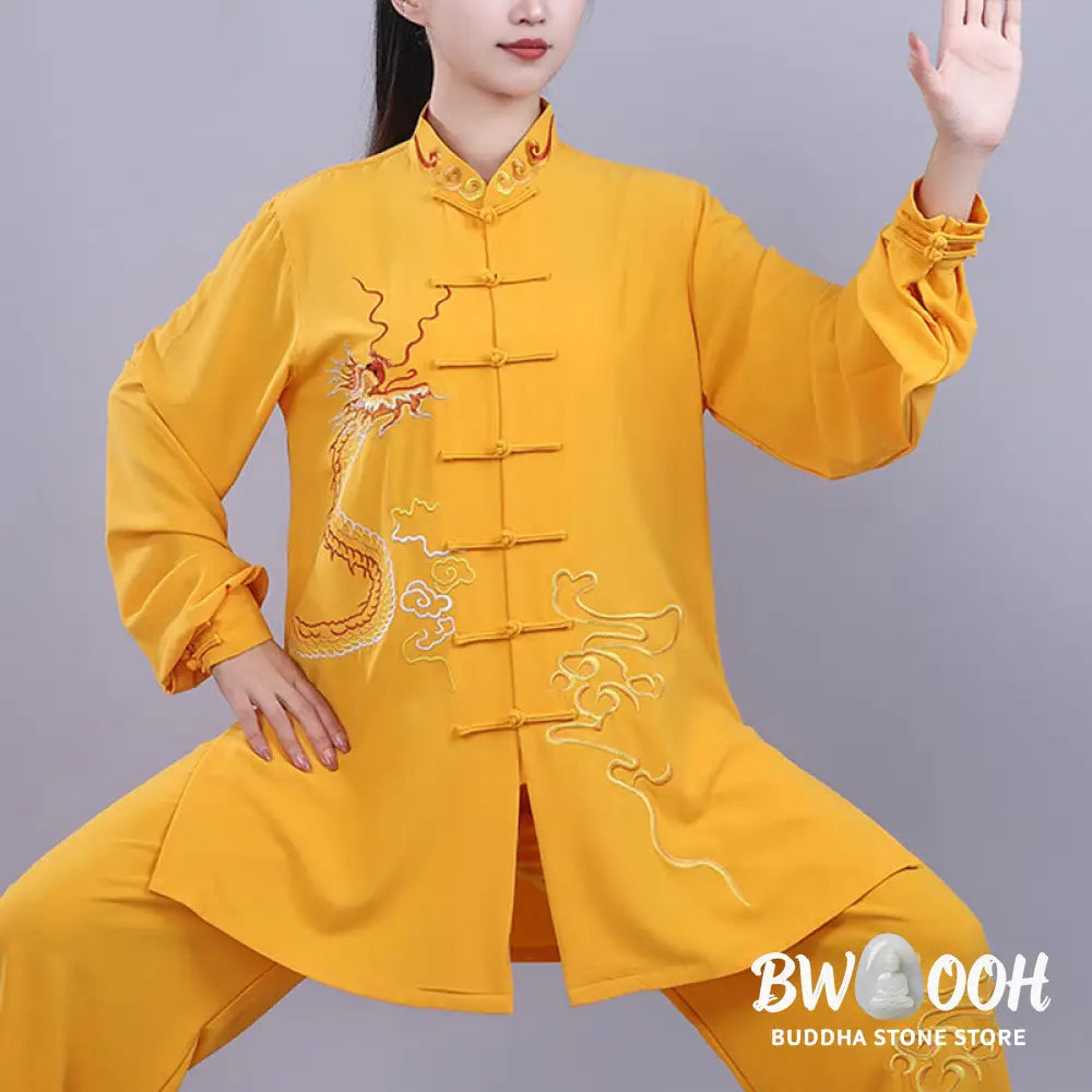 BWOOOH 2Pcs Fall Embroidery Dragon Frog-Button Tai Chi Meditation Qigong Zen Practice Unisex Cotton Clothing Set