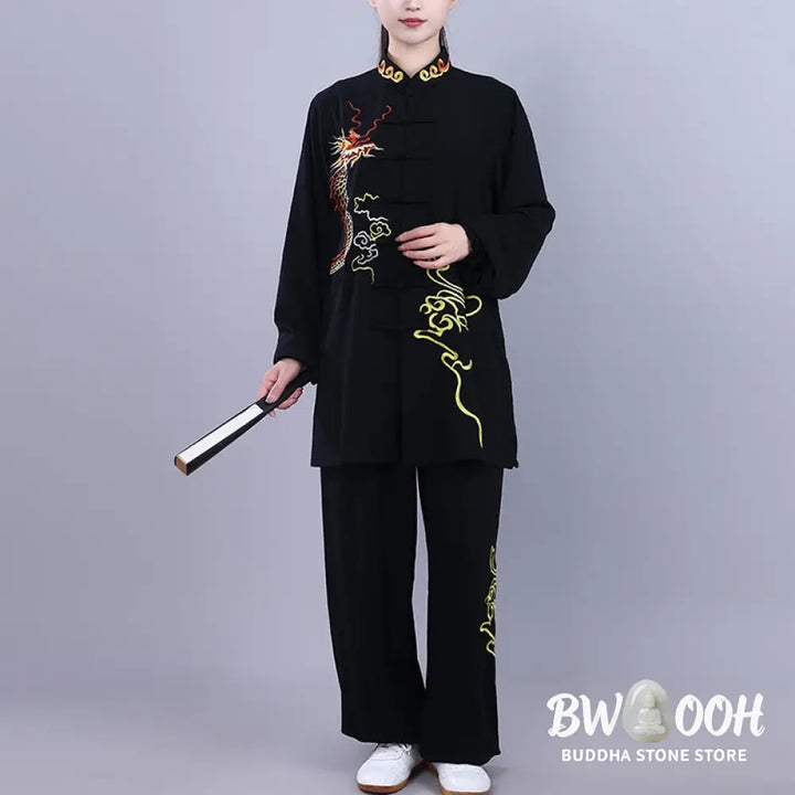 BWOOOH 2Pcs Fall Embroidery Dragon Frog-Button Tai Chi Meditation Qigong Zen Practice Unisex Cotton Clothing Set