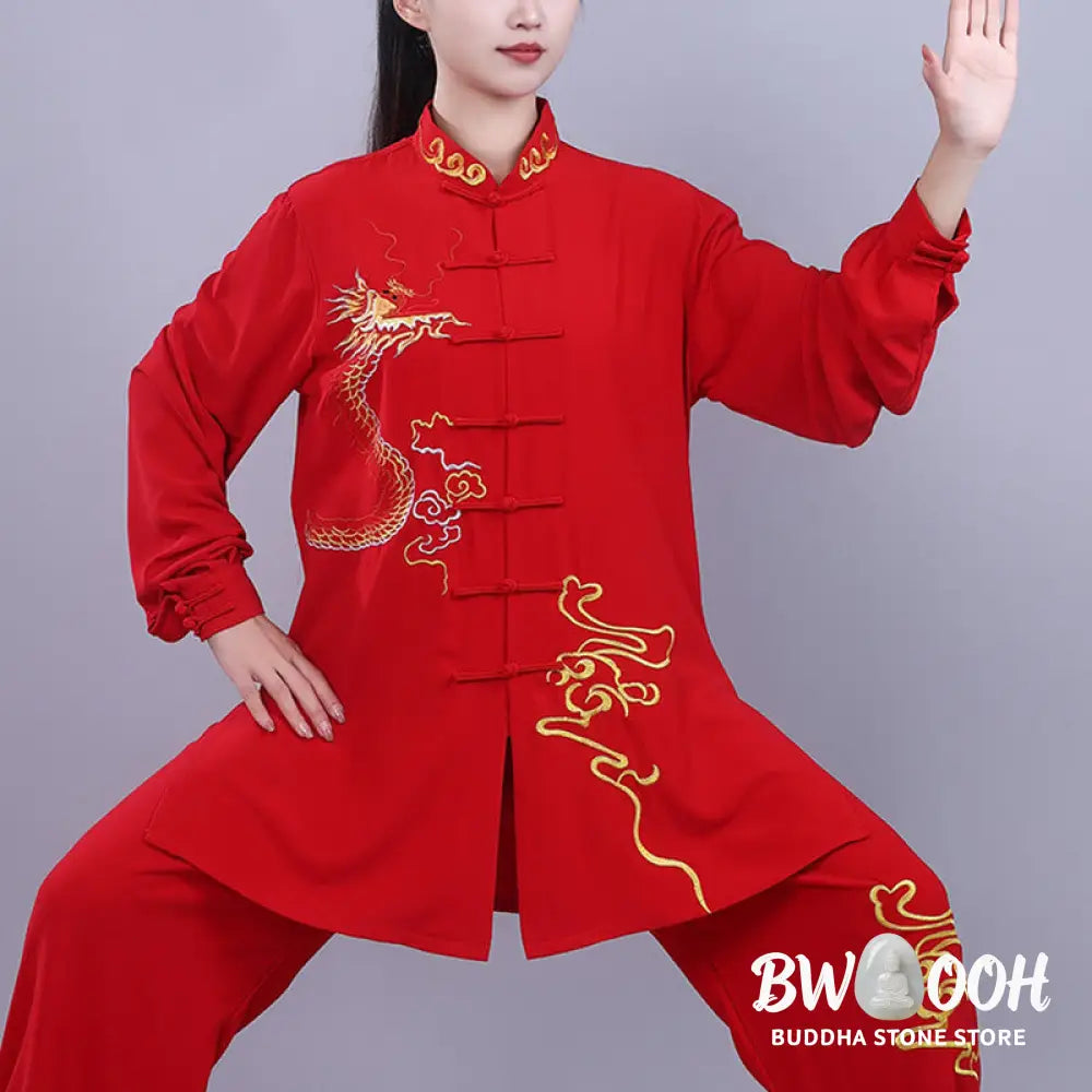 BWOOOH 2Pcs Fall Embroidery Dragon Frog-Button Tai Chi Meditation Qigong Zen Practice Unisex Cotton Clothing Set