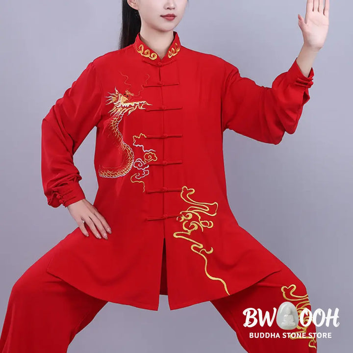 BWOOOH 2Pcs Fall Embroidery Dragon Frog-Button Tai Chi Meditation Qigong Zen Practice Unisex Cotton Clothing Set