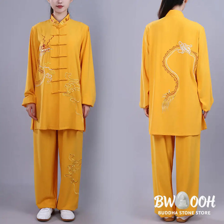 BWOOOH 2Pcs Fall Embroidery Dragon Frog-Button Tai Chi Meditation Qigong Zen Practice Unisex Cotton Clothing Set
