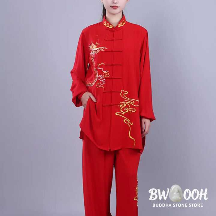 BWOOOH 2Pcs Fall Embroidery Dragon Frog-Button Tai Chi Meditation Qigong Zen Practice Unisex Cotton Clothing Set