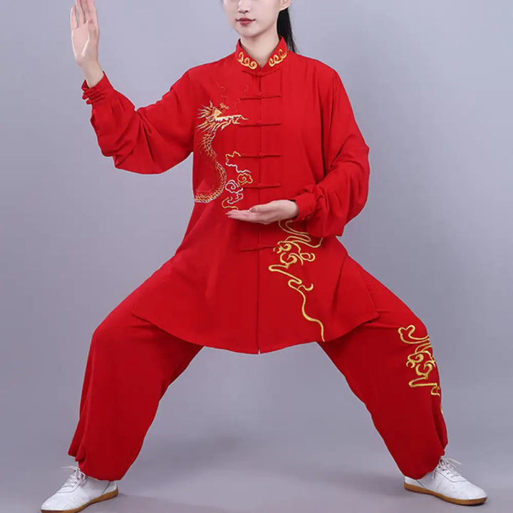 BWOOOH 2Pcs Fall Embroidery Dragon Frog-Button Tai Chi Meditation Qigong Zen Practice Unisex Cotton Clothing Set - Red