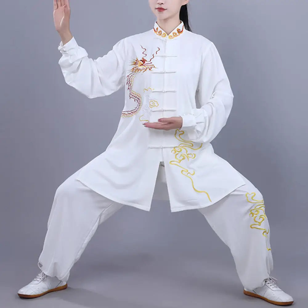 BWOOOH 2Pcs Fall Embroidery Dragon Frog-Button Tai Chi Meditation Qigong Zen Practice Unisex Cotton Clothing Set
