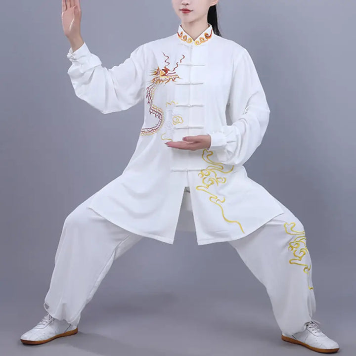 BWOOOH 2Pcs Fall Embroidery Dragon Frog-Button Tai Chi Meditation Qigong Zen Practice Unisex Cotton Clothing Set