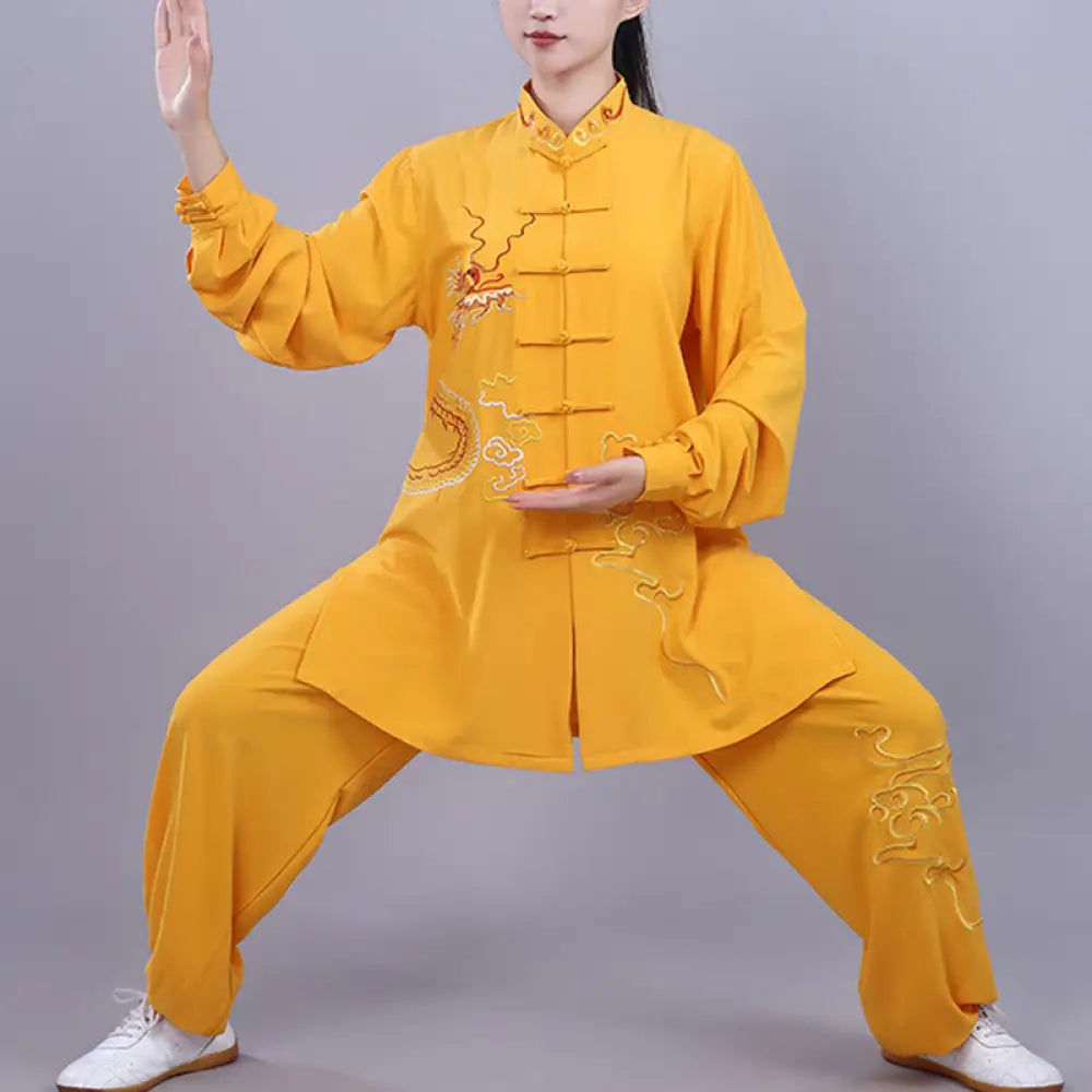 BWOOOH 2Pcs Fall Embroidery Dragon Frog-Button Tai Chi Meditation Qigong Zen Practice Unisex Cotton Clothing Set