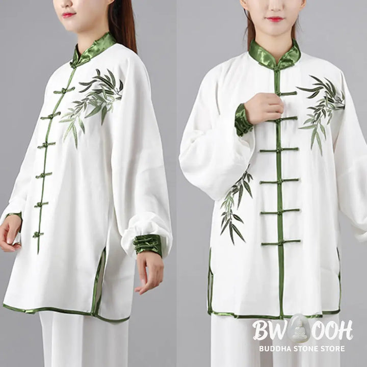 BWOOOH 2Pcs Fall Green Bamboo Leaves Embroidery Frog-Button Tai Chi Meditation Qigong Zen Practice Unisex Cotton