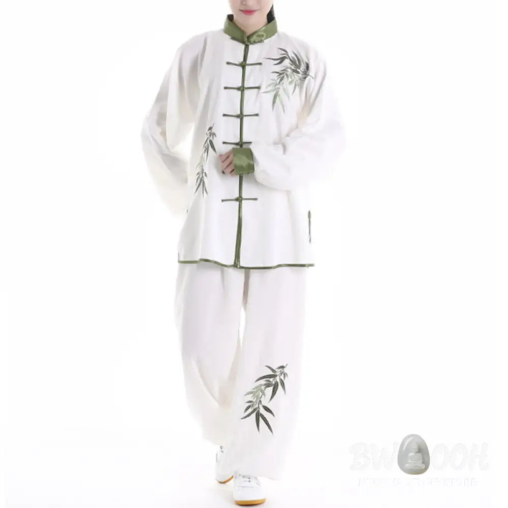 BWOOOH 2Pcs Fall Green Bamboo Leaves Embroidery Frog-Button Tai Chi Meditation Qigong Zen Practice Unisex Cotton