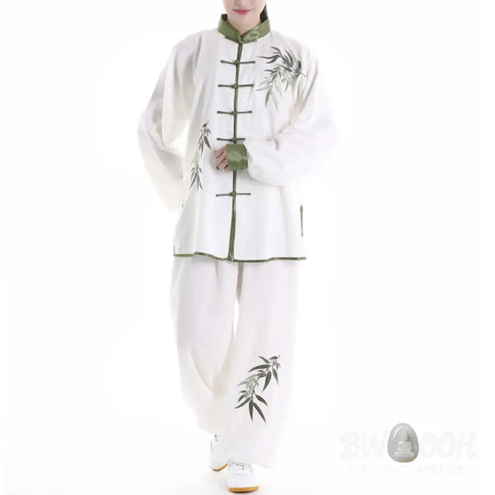 BWOOOH 2Pcs Fall Green Bamboo Leaves Embroidery Frog-Button Tai Chi Meditation Qigong Zen Practice Unisex Cotton