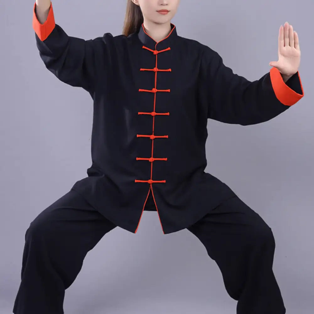 BWOOOH 2Pcs Fall Winter Frog-Button Tai Chi Meditation Qigong Zen Practice Unisex Cotton Linen Clothing Set - Black