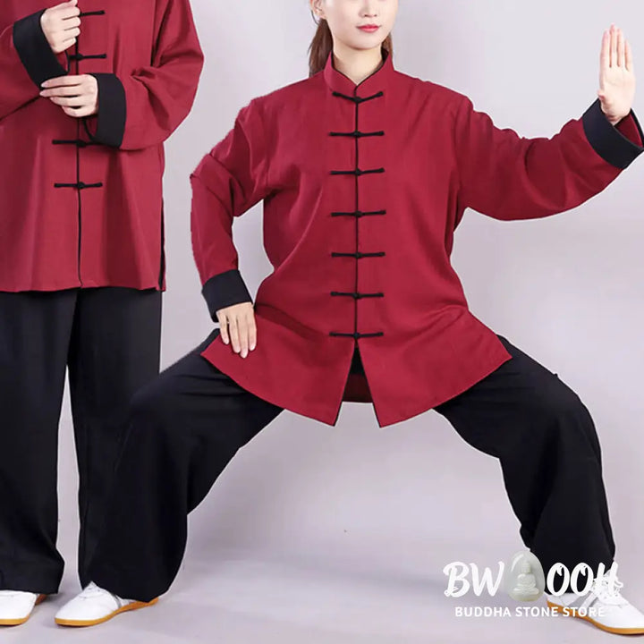BWOOOH 2Pcs Fall Winter Frog-Button Tai Chi Meditation Qigong Zen Practice Unisex Cotton Linen Clothing Set - Unisex