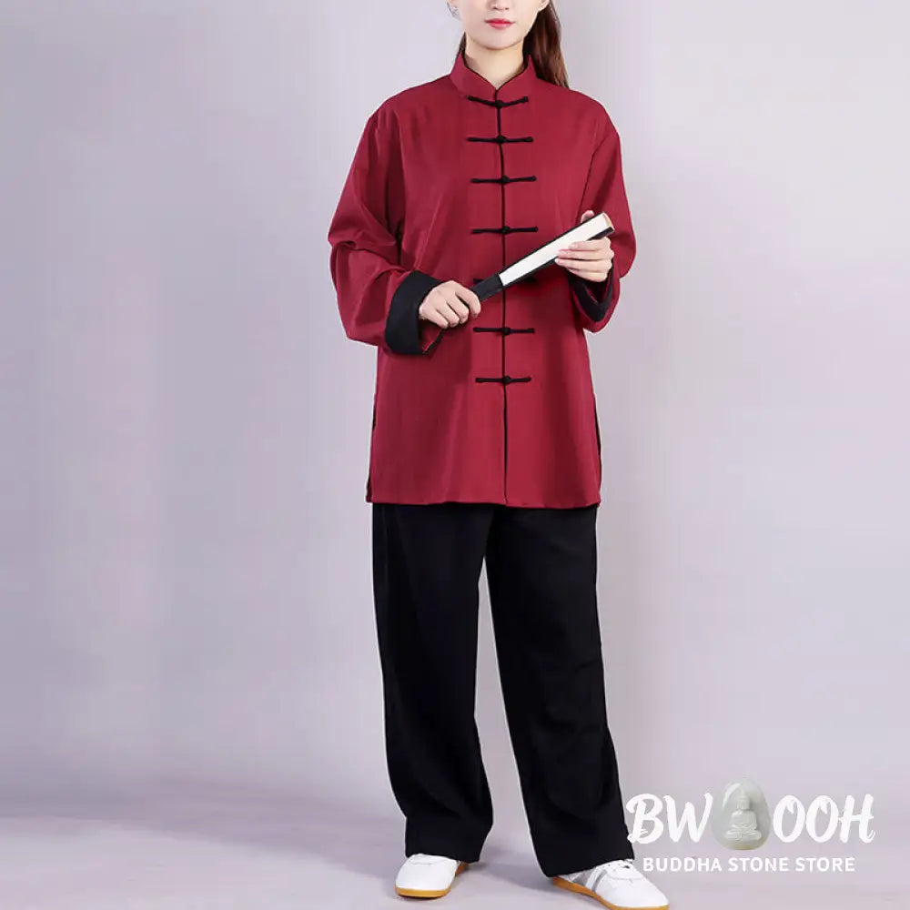 BWOOOH 2Pcs Fall Winter Frog-Button Tai Chi Meditation Qigong Zen Practice Unisex Cotton Linen Clothing Set - Unisex