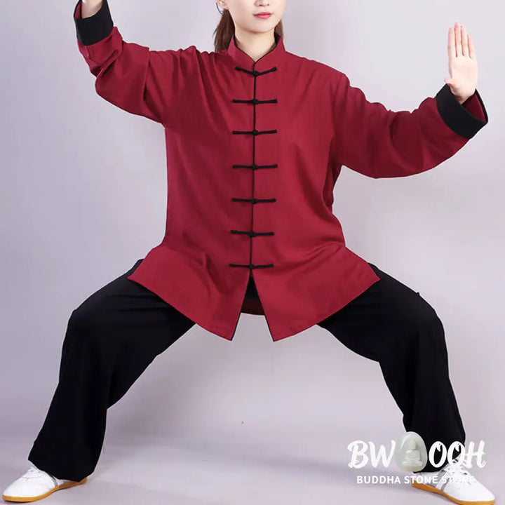 BWOOOH 2Pcs Fall Winter Frog-Button Tai Chi Meditation Qigong Zen Practice Unisex Cotton Linen Clothing Set - Unisex